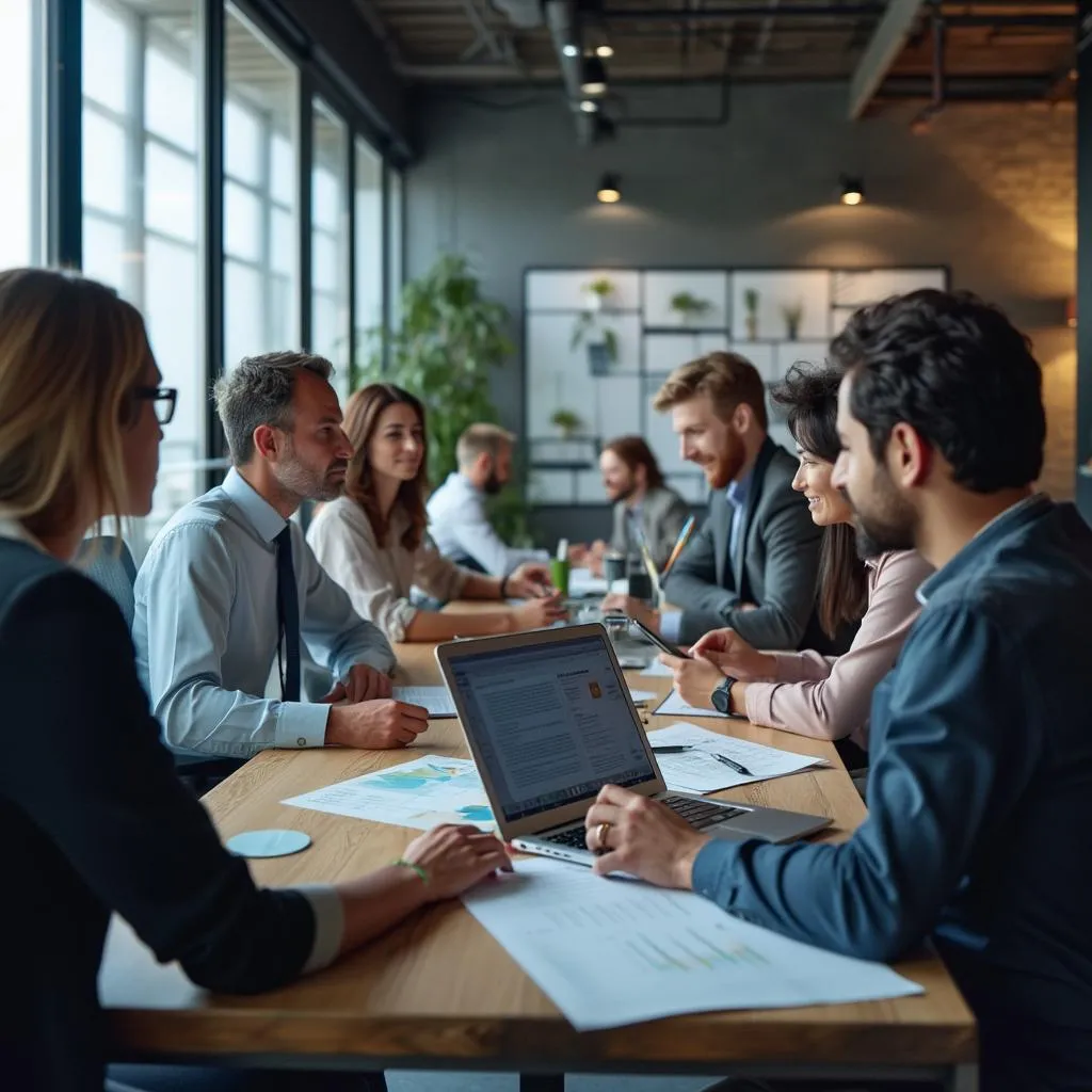 Equipo diverso de consultores trabajando en entorno moderno